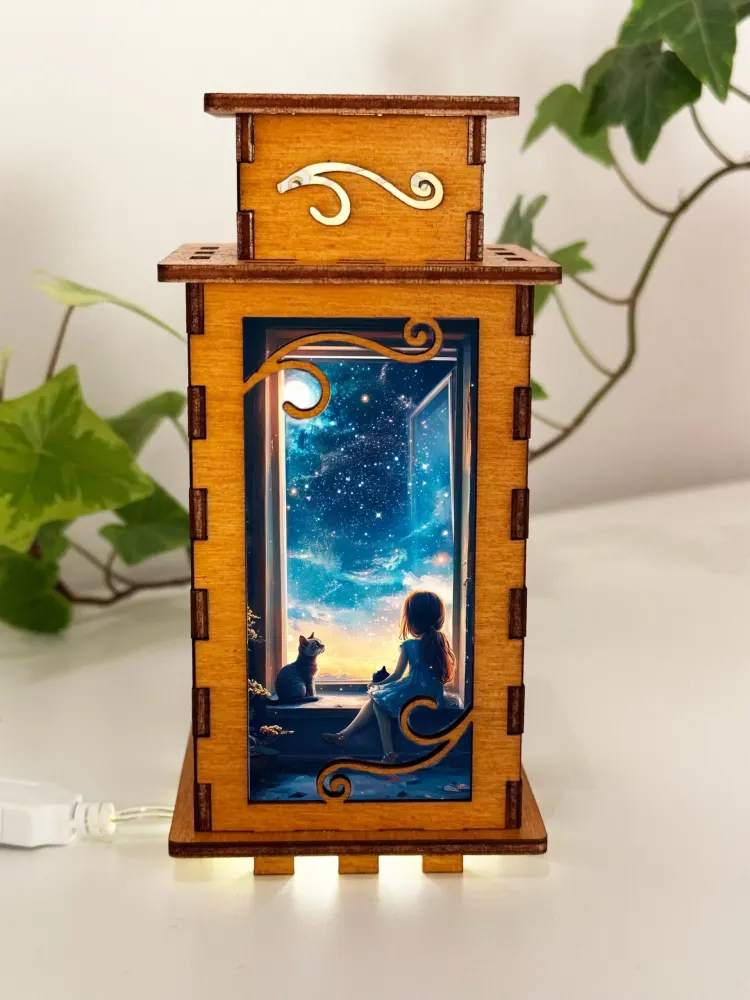 Girl And A Cat Window Night Lamp Lantern