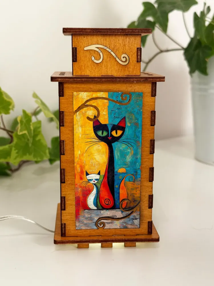 Abstract Cat Cubism Art Night Lamp Lantern – Artistic Wooden Cat Light