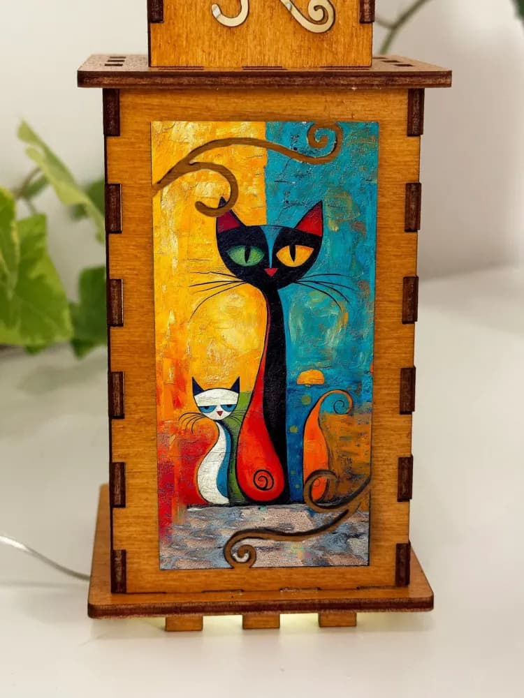 Abstract Cat Cubism Art Night Lamp Lantern – Artistic Wooden Cat Light
