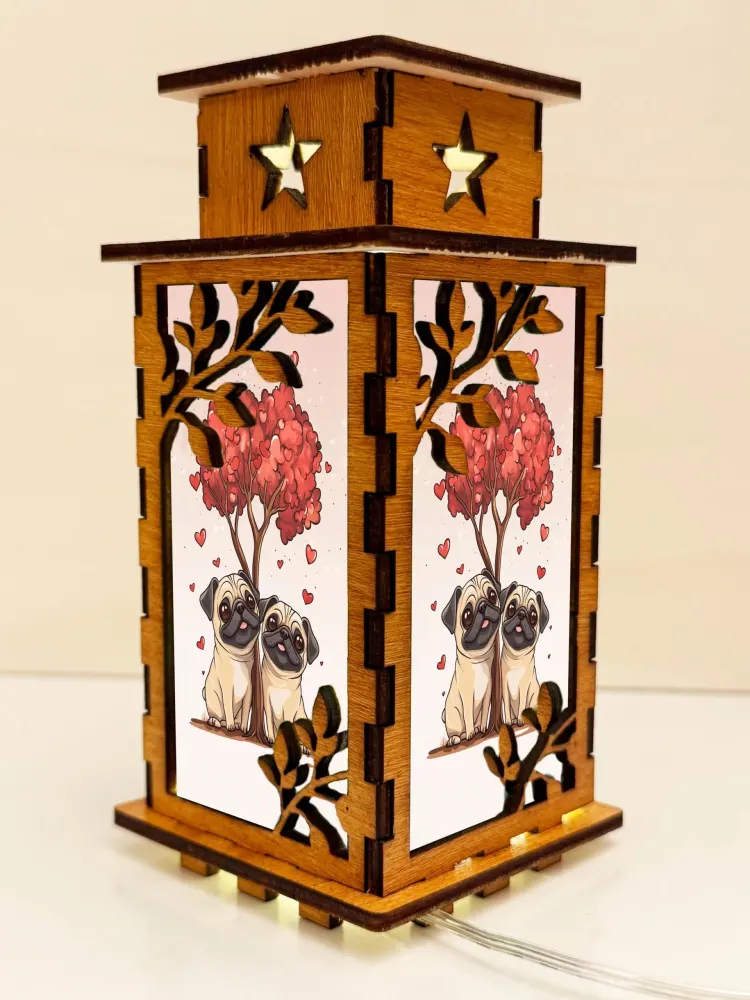 Two Pugs In Love Night Lamp Lantern – Cute Wooden Dog Art Light