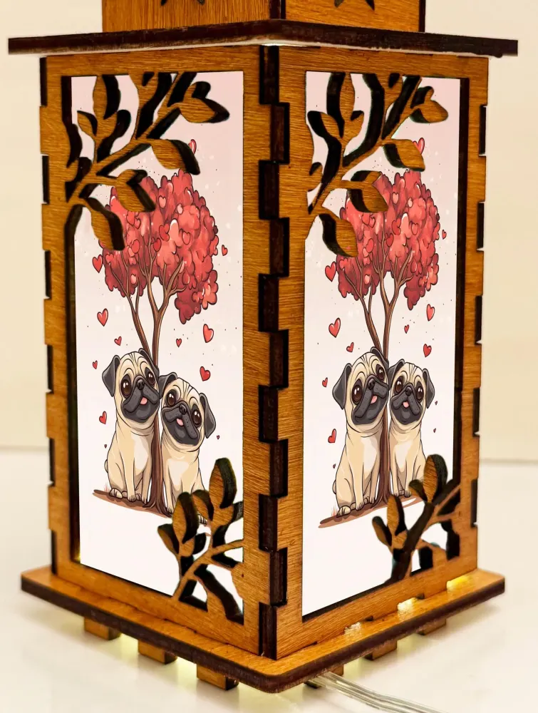 Two Pugs In Love Night Lamp Lantern – Cute Wooden Dog Art Light