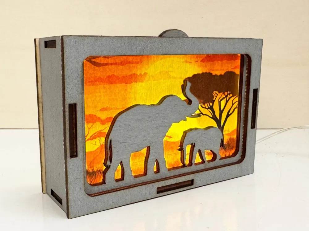 Elephants African Sunset Night Lamp Lantern | Artisan Wooden Night Lamp | Artiviesta London