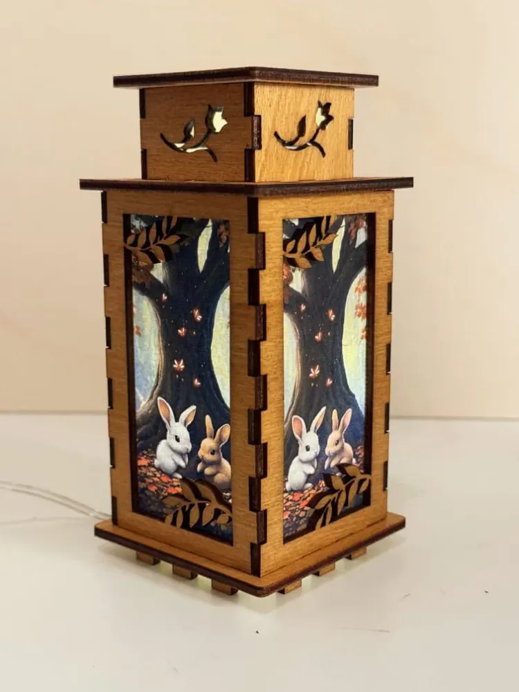 Two Bunnies Under A Tree Lamp Night Light | Artisan Wooden Night Lamp | Artiviesta London
