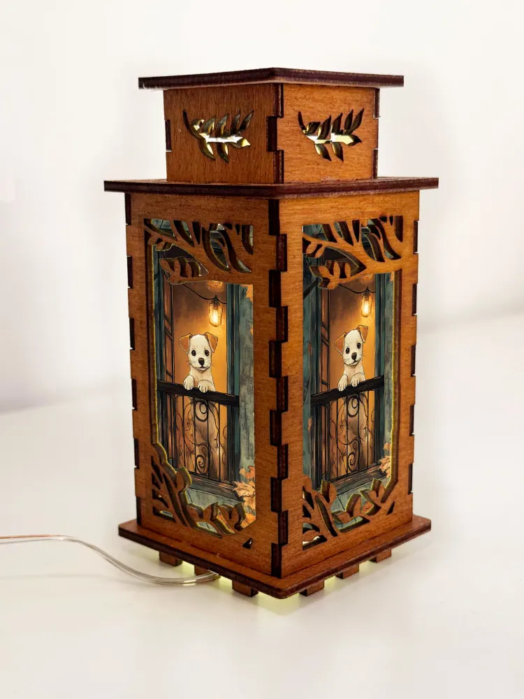 Dog Balcony Wooden Art Lamp – Cute Dog Night Light Gift Home Decor — handmade wooden night lamp in natural timber