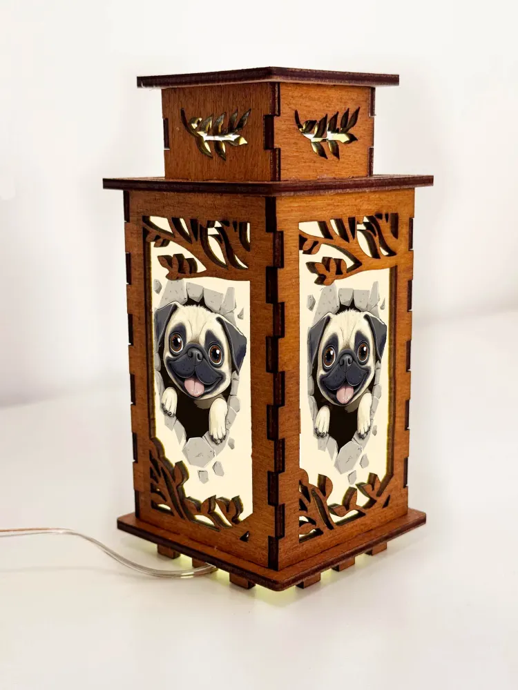 Pug In The Hole Wooden Art Lamp – Cute Dog Night Light Gift Home Decor — handmade wooden night lamp in natural timber