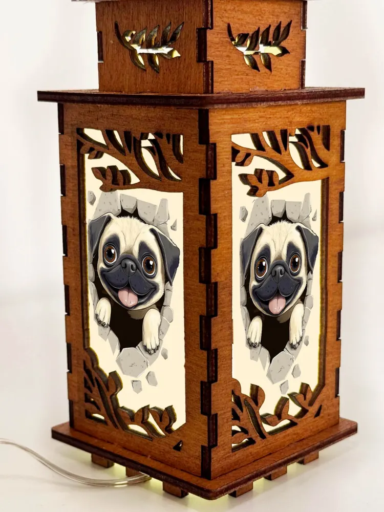 Pug In The Hole Wooden Art Lamp – Cute Dog Night Light Gift Home Decor