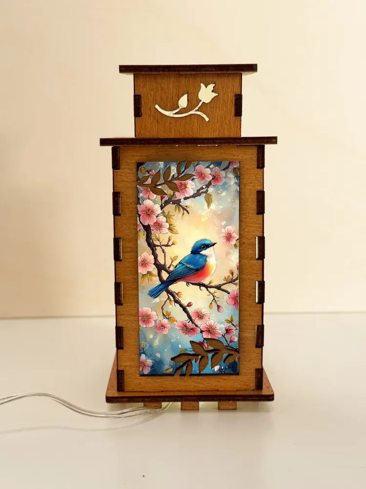 Bird With Flowers Wooden Lamp — handmade wooden night lamp in natural timber