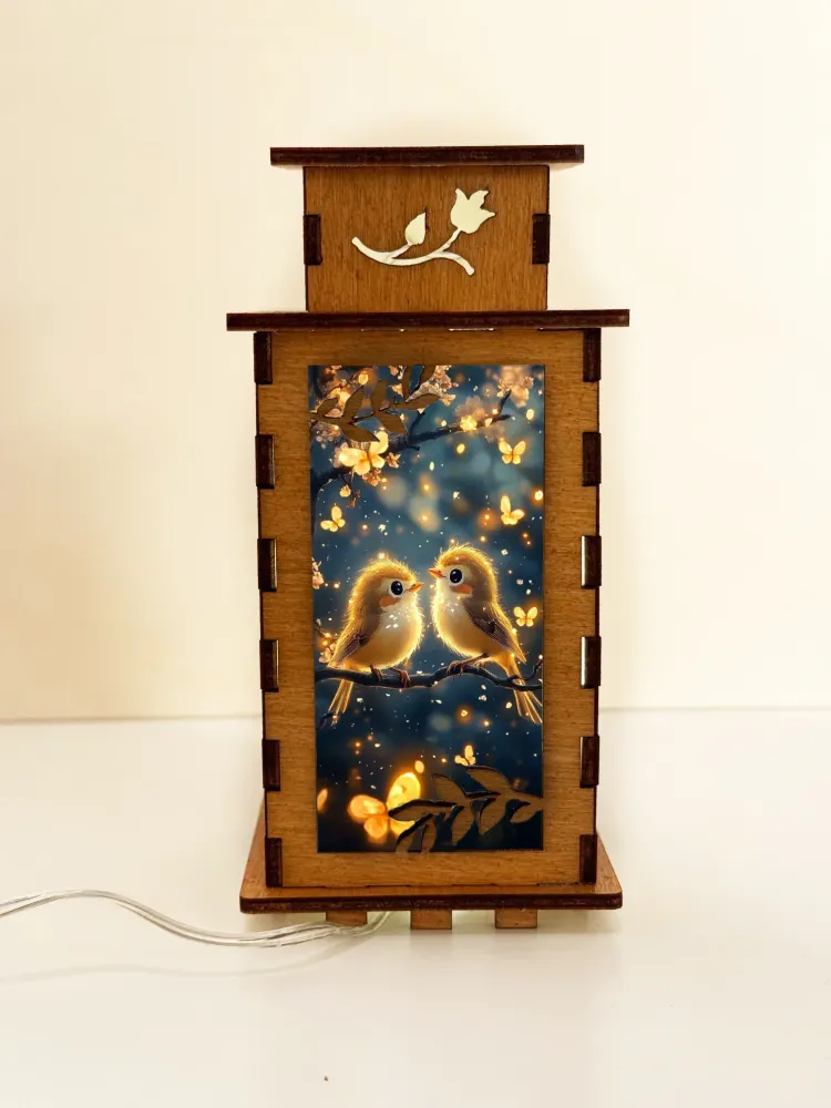 Magical Golden Birds Wooden Night Lamp — handmade wooden night lamp in natural timber