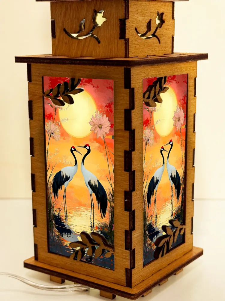 Crane Birds Sunset Wooden Night Lamp | Artisan Wooden Night Lamp | Artiviesta London