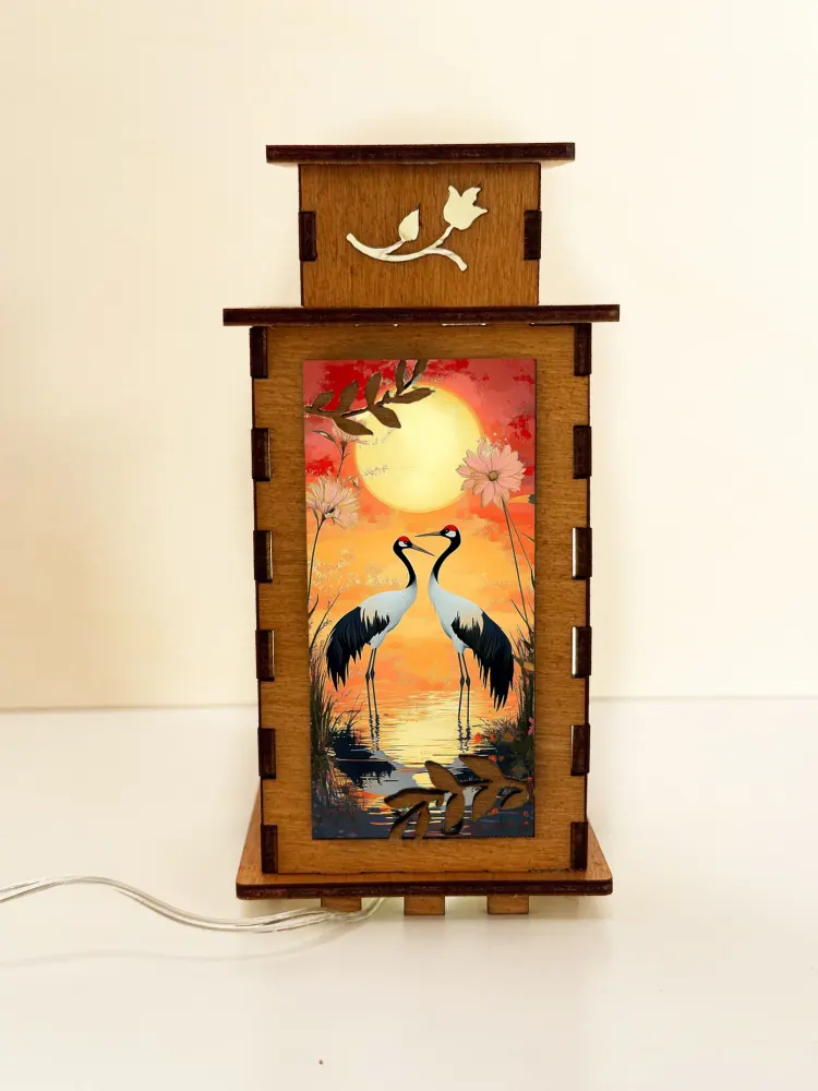 Crane Birds Sunset Wooden Night Lamp — handmade wooden night lamp in natural timber