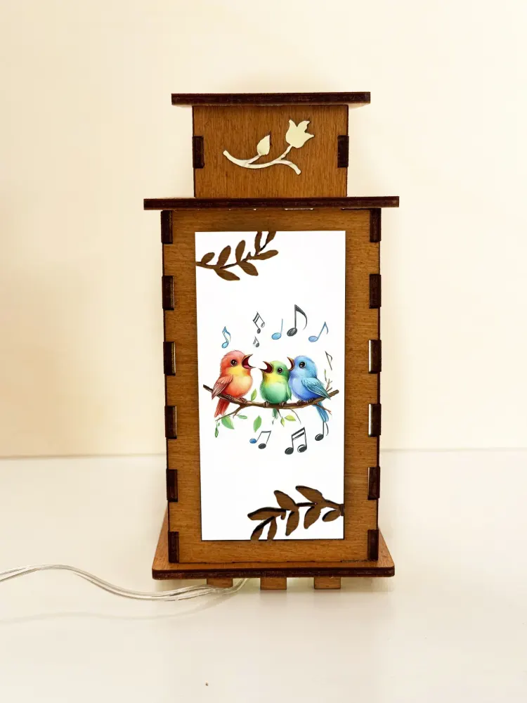 Singing Birds Wooden Night Lamp — handmade wooden night lamp in natural timber