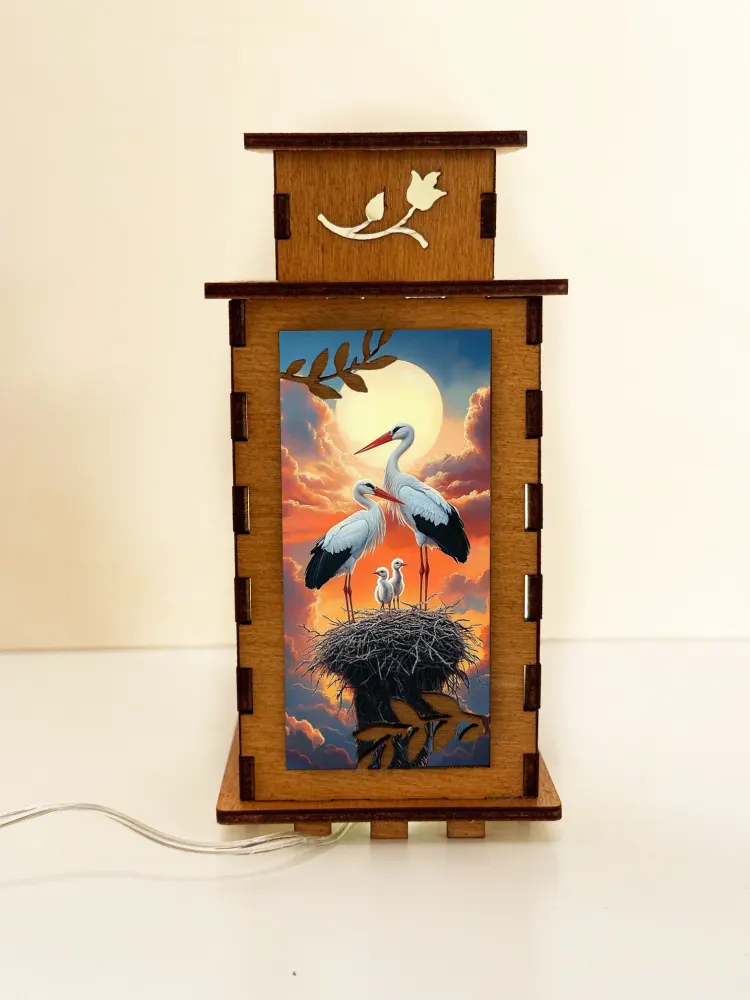 Stork Birds Wooden Night Lamp — handmade wooden night lamp in natural timber