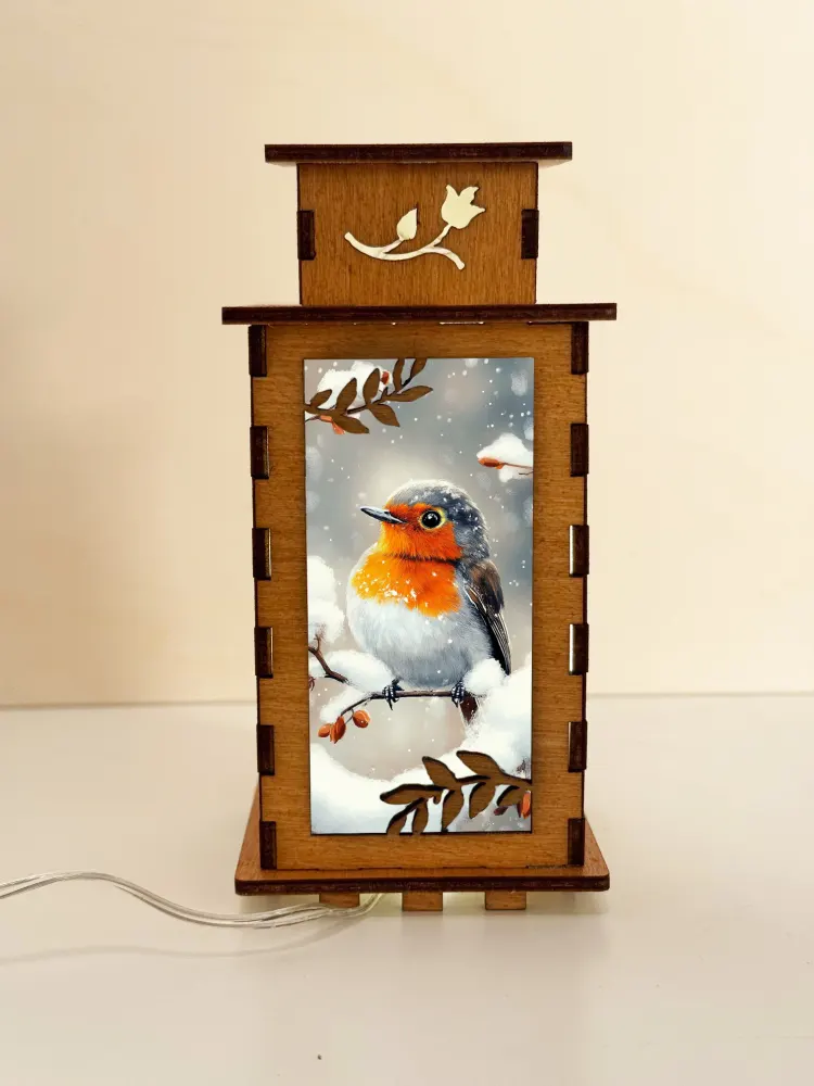 Robin Bird Wooden Night Lamp — handmade wooden night lamp in natural timber