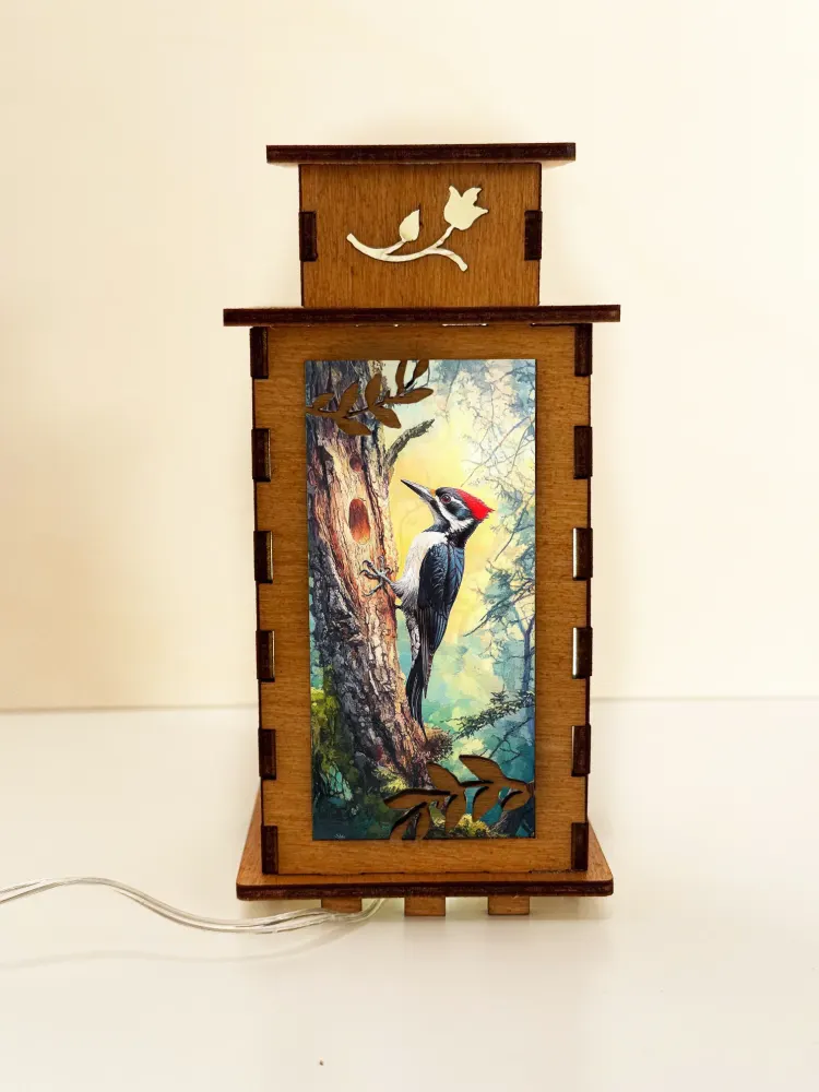 Woodpecker On The Tree Bird Wooden Night Lamp — handmade wooden night lamp in natural timber