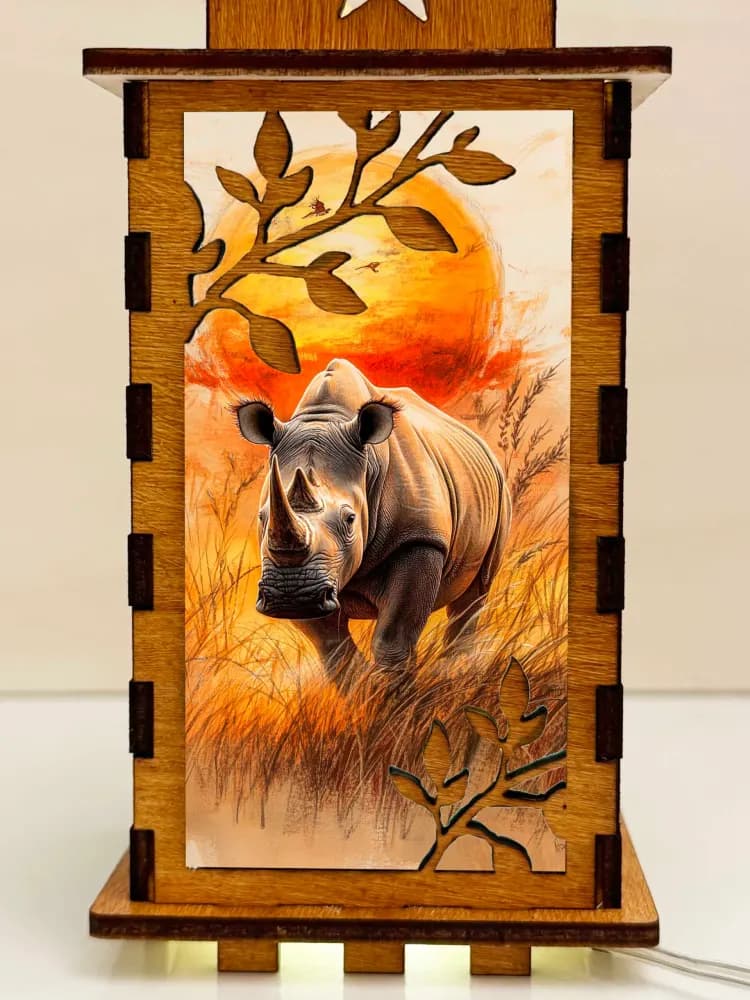 Rhino Sunset Wooden Night Lamp | Artisan Wooden Night Lamp | Artiviesta London