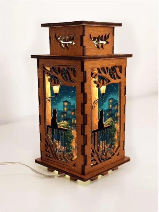 Cat on the Balcony Wooden Night Lamp