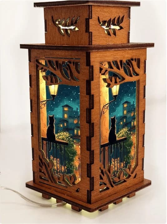 Handcrafted Cat on the Balcony Wooden Night Lamp – USB LED Lantern by Artiviesta