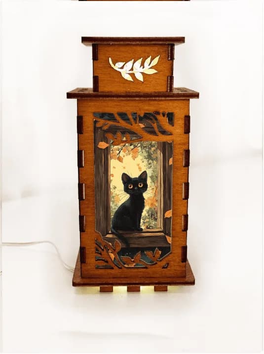 Black Cat In The Window Night Lamp Lantern – Handmade Wooden USB Lantern