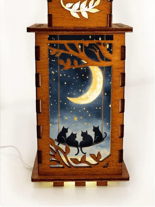 Handcrafted Cats on a Swing Wooden Night Lamp – USB Moonlight Lantern by Artiviesta