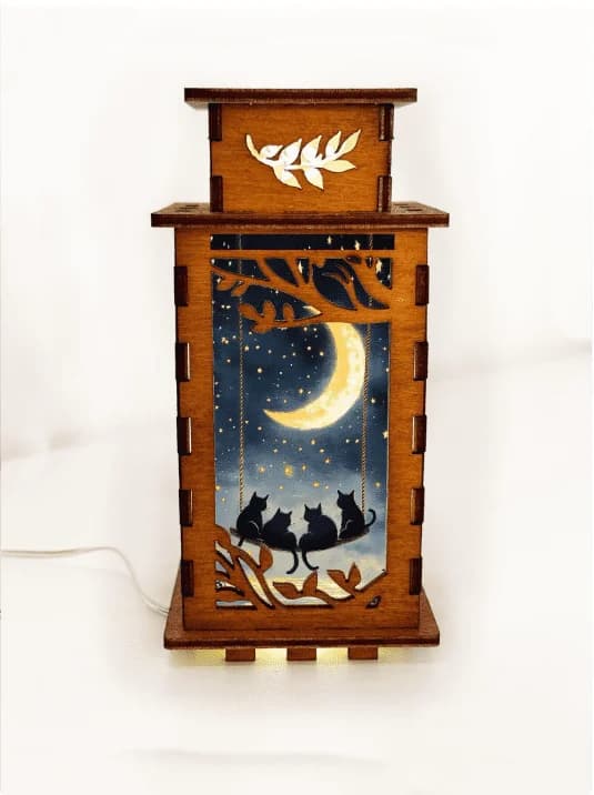 Cat Sleeping Cosy Window handcrafted wooden night lamp illuminated with warm ambient LED glow