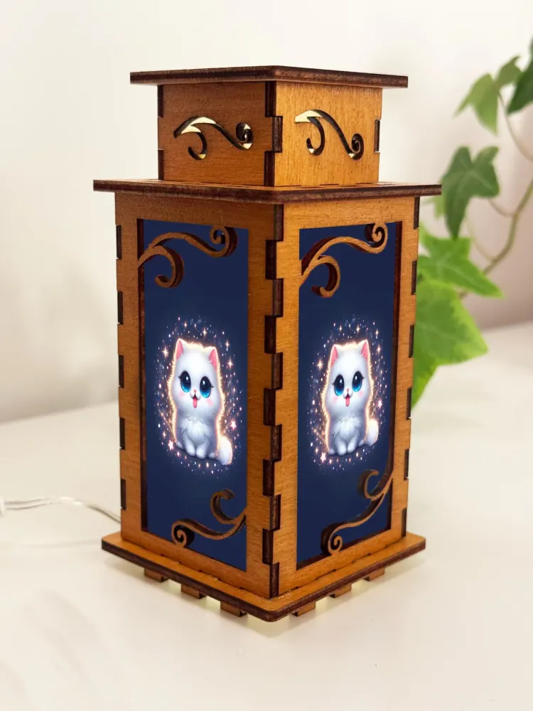 Glowing White Cat Art Night Lamp Lantern — handmade wooden night lamp in natural timber