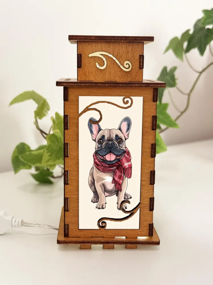 Handcrafted French Bulldog Hearts Wooden Lantern — handmade wooden night lamp in natural timber