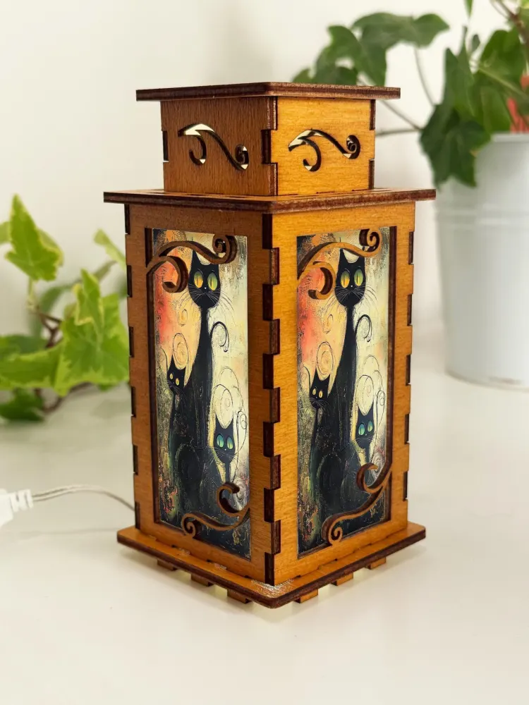 Three Black Cats Artistic Night Lamp Lantern – Elegant Wooden Kitten Light — handmade wooden night lamp in natural timber