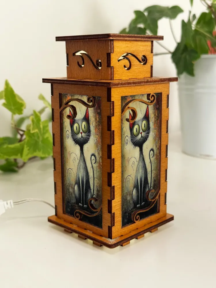Black Cat Artistic Night Lamp Lantern — handmade wooden night lamp in natural timber