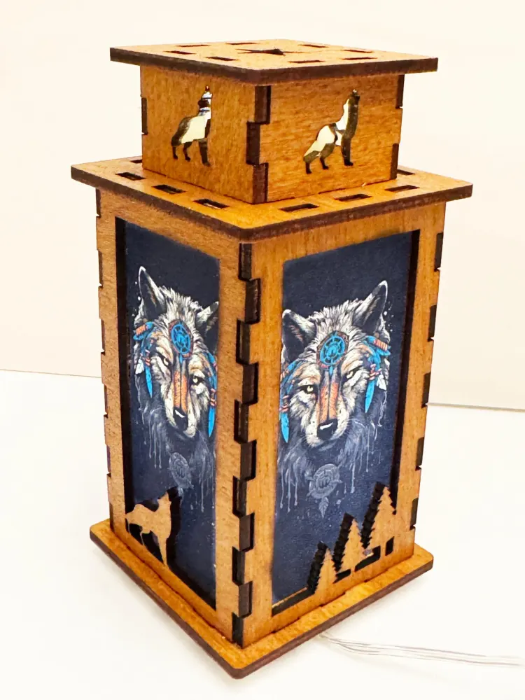 Wolf Native American Tribal Night Lamp Lantern | Artisan Wooden Night Lamp | Artiviesta London