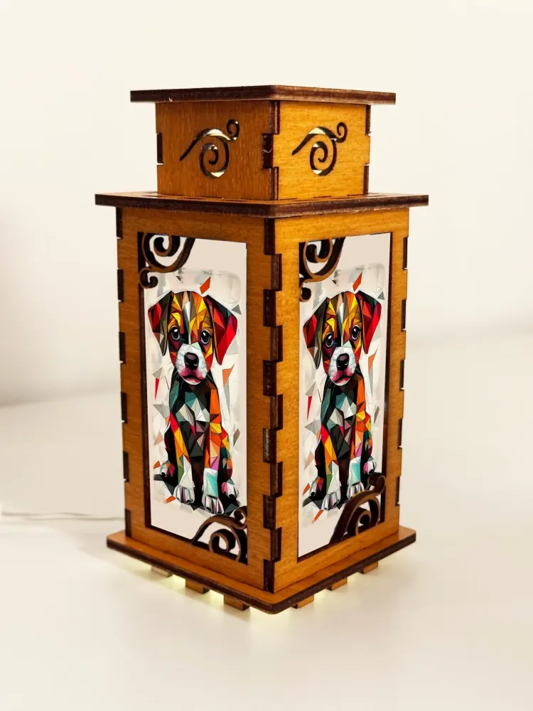 Cubismo Dog Art Night Lamp — handmade wooden night lamp in natural timber