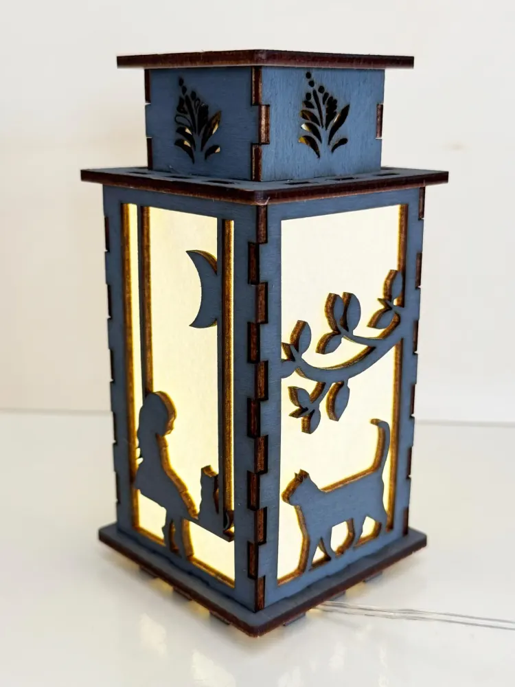 Cat Silhouette Night Lamp Lantern – Elegant Grey Wooden Kitten Light — handmade wooden night lamp in natural timber