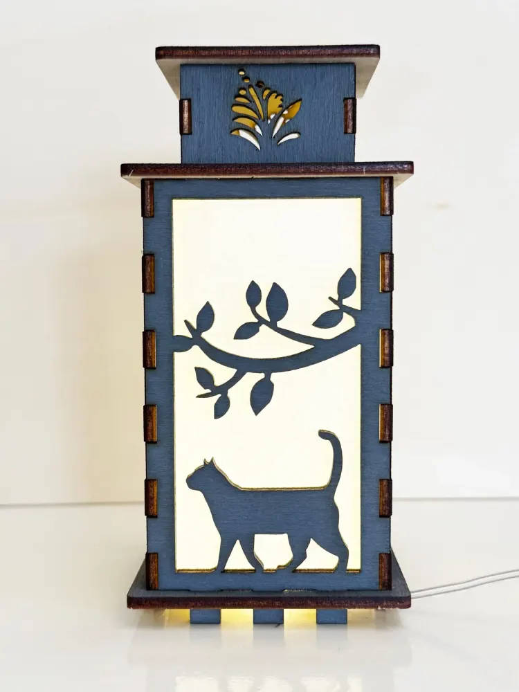 Cat Silhouette Night Lamp Lantern – Elegant Grey Wooden Kitten Light | Artisan Laser-Cut Decor | Artiviesta London