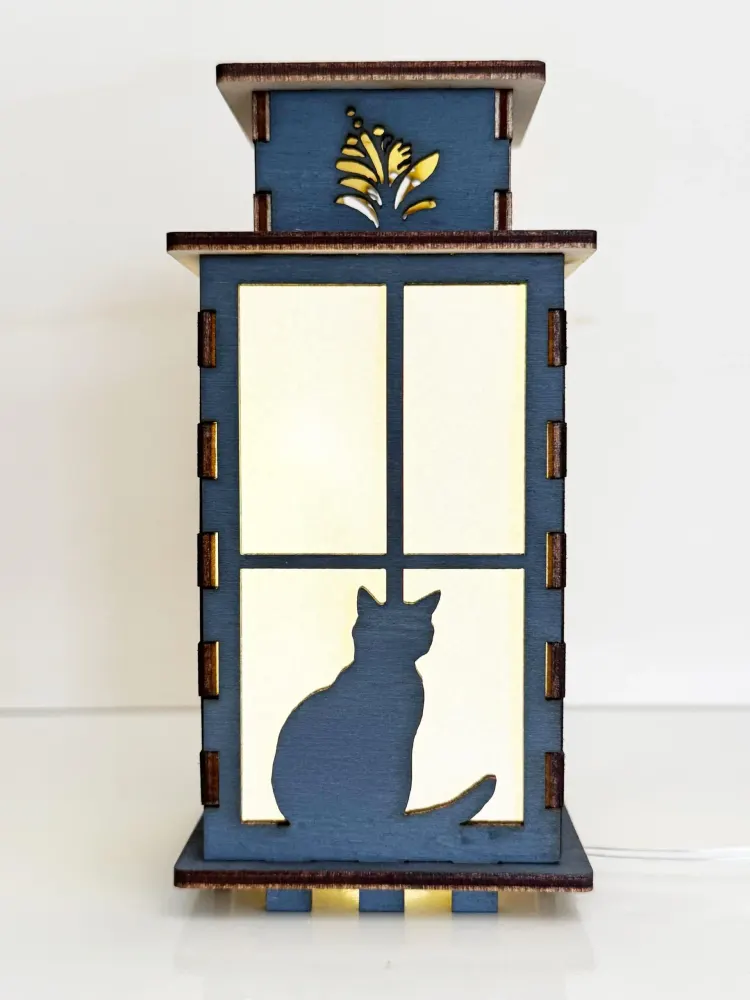 Cat Silhouette Night Lamp Lantern – Elegant Grey Wooden Kitten Light | Artisan Laser-Cut Decor | Artiviesta London