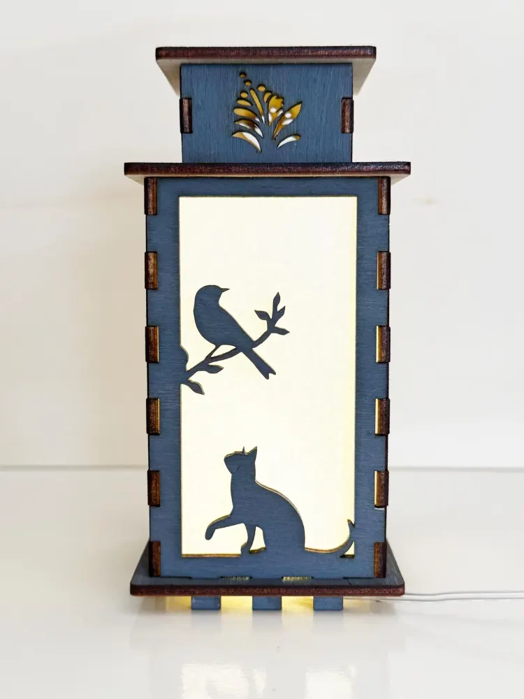 Cat Silhouette Night Lamp Lantern – Elegant Grey Wooden Kitten Light | Artisan Laser-Cut Decor | Artiviesta London