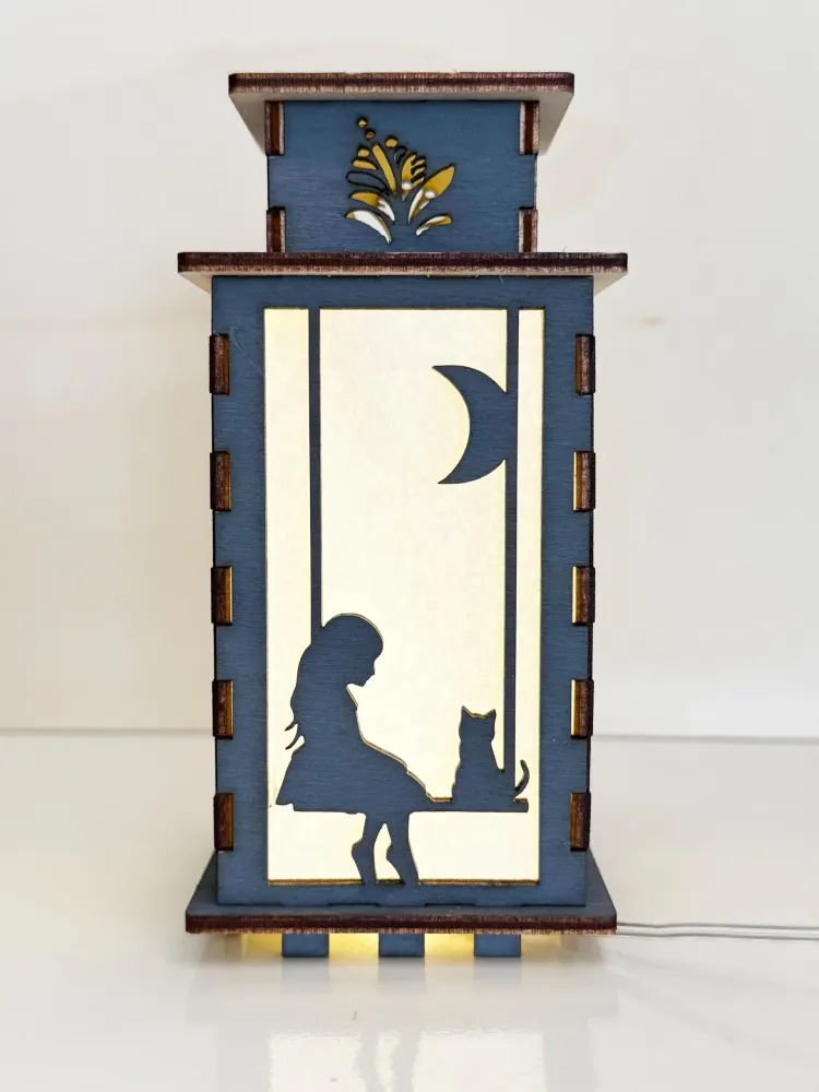 Cat Silhouette Night Lamp Lantern – Elegant Grey Wooden Kitten Light | Artisan Laser-Cut Decor | Artiviesta London