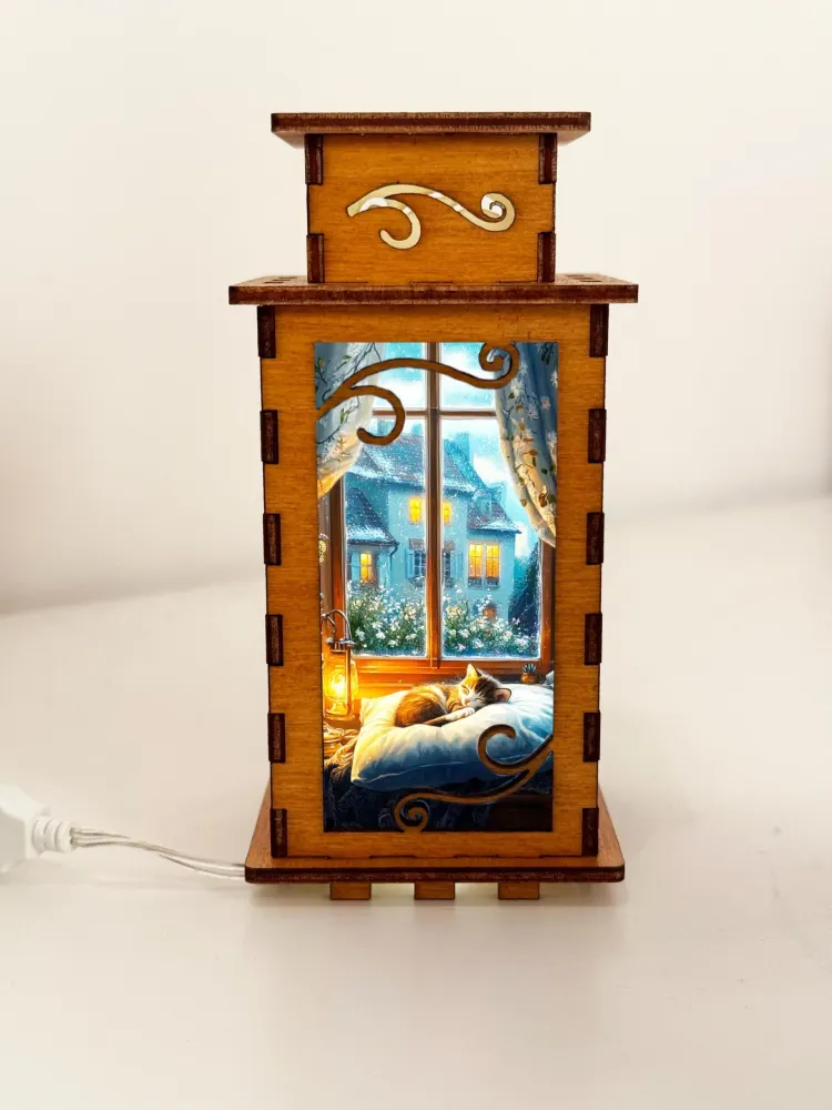 Cat Sleeping Cosy Window Night Lamp Lantern — handmade wooden night lamp in natural timber