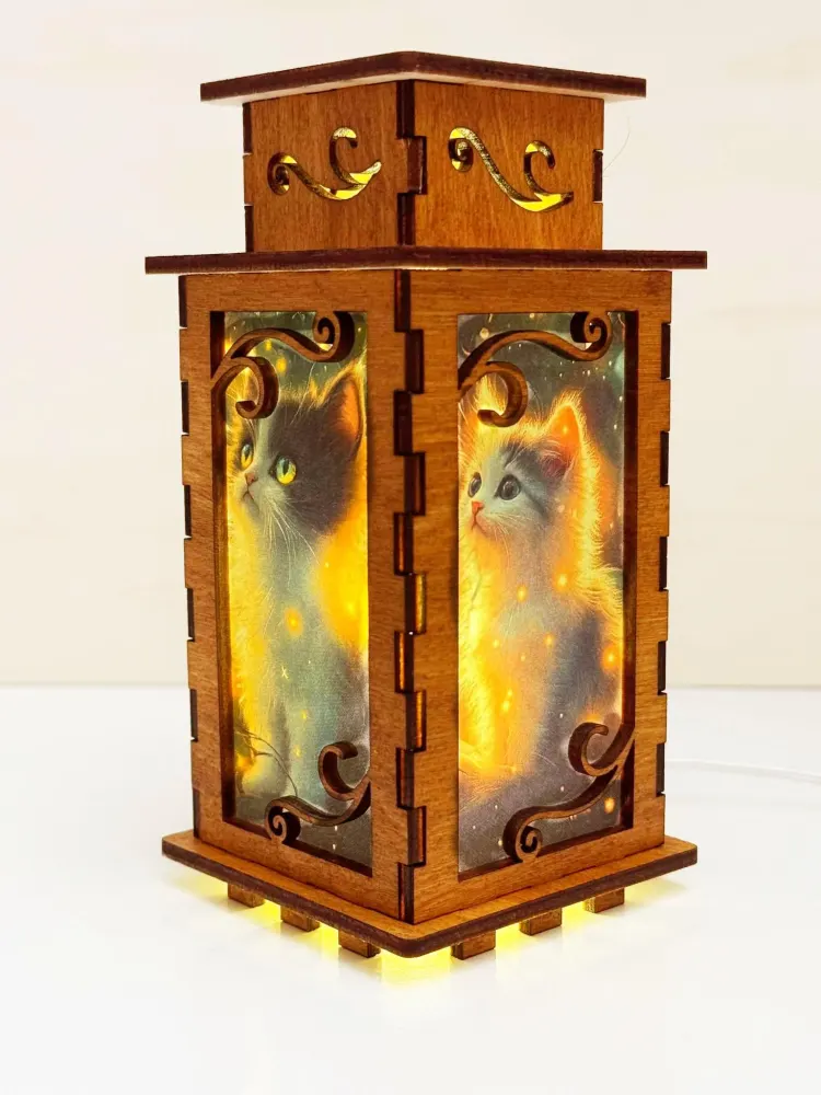 Cute Cat Magical Night Lamp Lantern – Enchanting Wooden Kitten Light — handmade wooden night lamp in natural timber