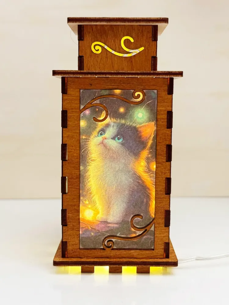 Cute Cat Magical Night Lamp Lantern – Enchanting Wooden Kitten Light