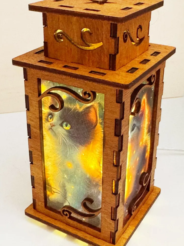 Cute Cat Magical Night Lamp Lantern – Enchanting Wooden Kitten Light