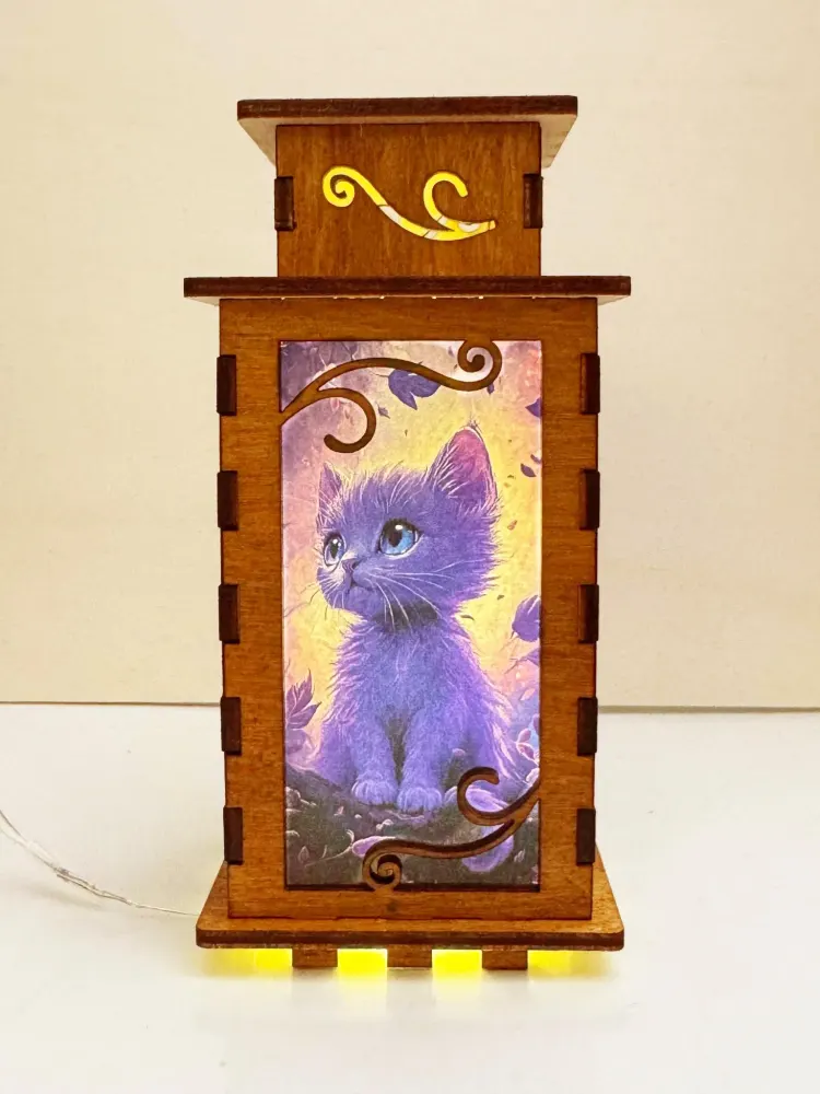 Cute Cat Night Lamp Lantern – Charming Wooden Kitten Light | Artisan Laser-Cut Decor | Artiviesta London