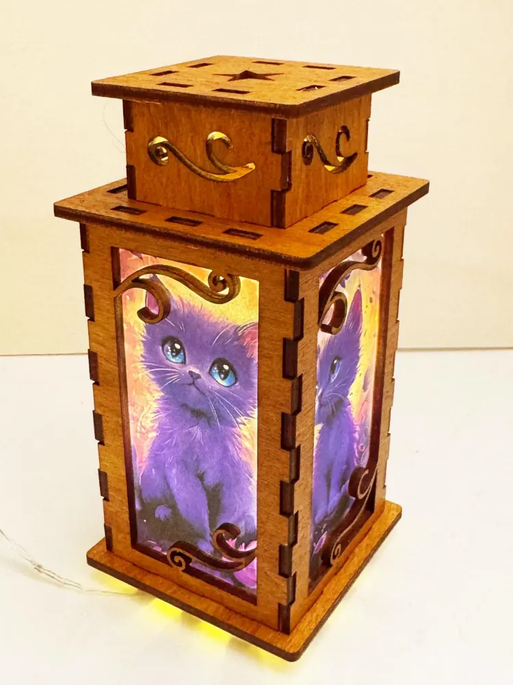 Cute Cat Night Lamp Lantern – Charming Wooden Kitten Light | Artisan Laser-Cut Decor | Artiviesta London