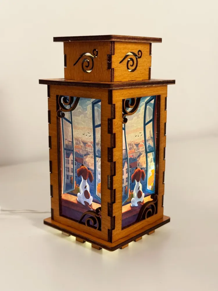 Dog Puppy Looking Out The Window Night Lamp Lantern – Cozy Wooden Dog Light