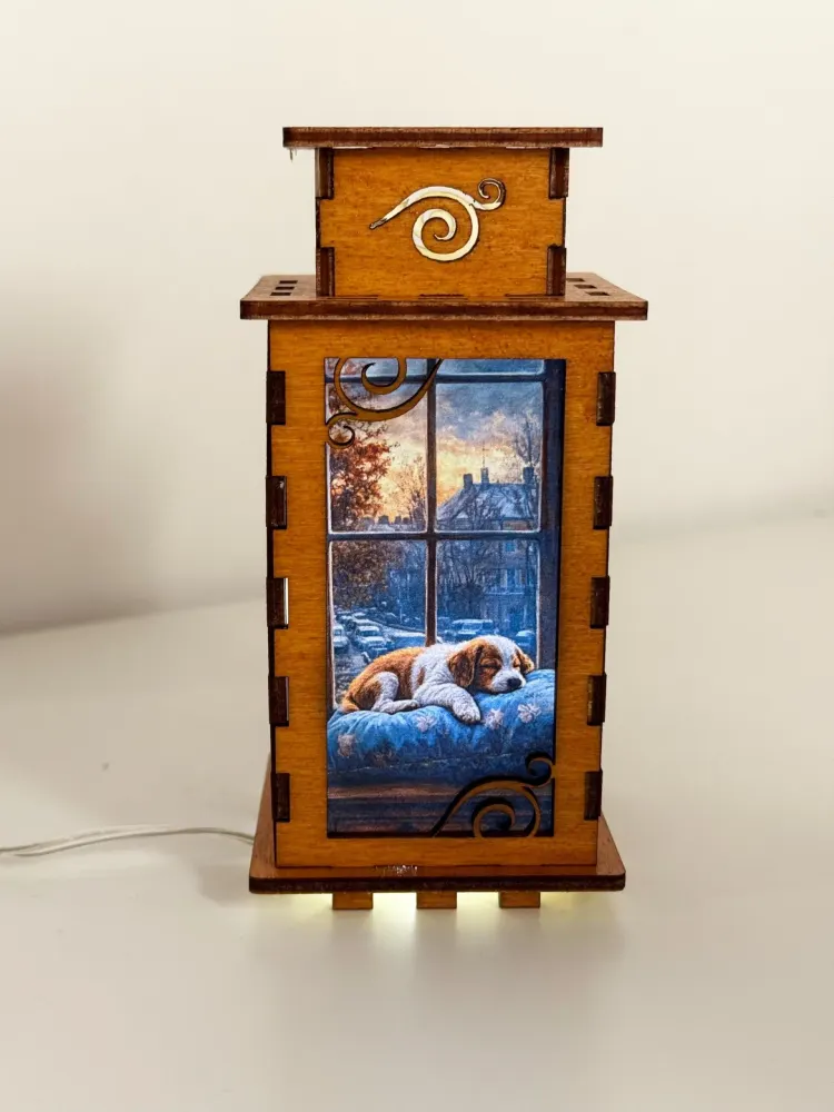 Sleeping Dog Puppy In The Window Night Lamp Lantern – Cozy Wooden Dog Light