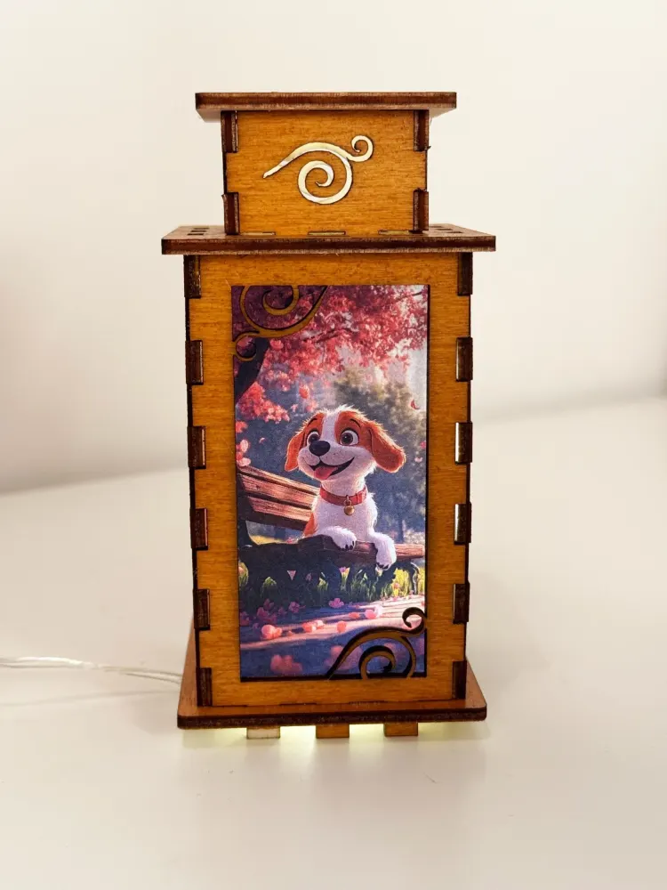 Cute Dog In The Park Sunset Night Lamp Lantern – Spring Wooden Dog Light — handmade wooden night lamp in natural timber