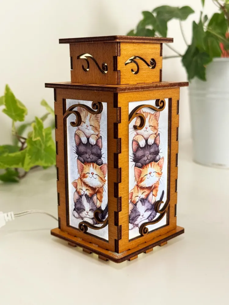Handcrafted Pile of Cats Wooden Night Lamp – USB LED Lantern by Artiviesta — handmade wooden night lamp in natural timber