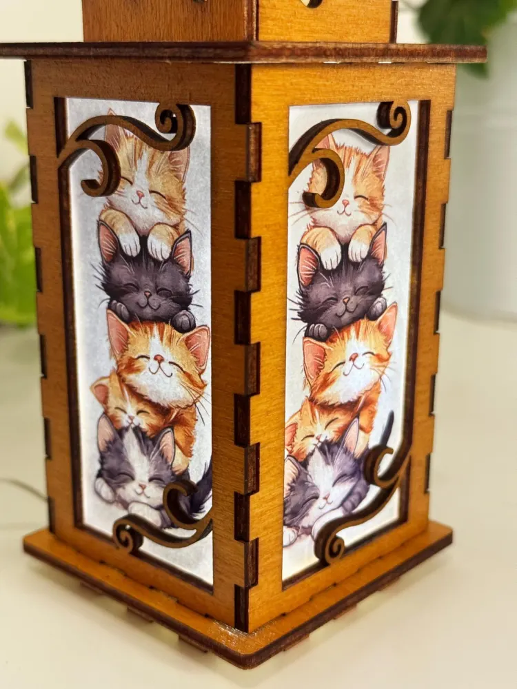 Handcrafted Pile of Cats Wooden Night Lamp – USB LED Lantern by Artiviesta
