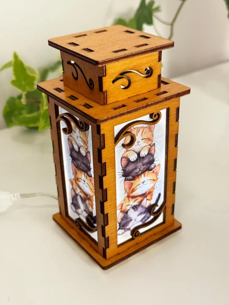 Handcrafted Pile of Cats Wooden Night Lamp – USB LED Lantern by Artiviesta