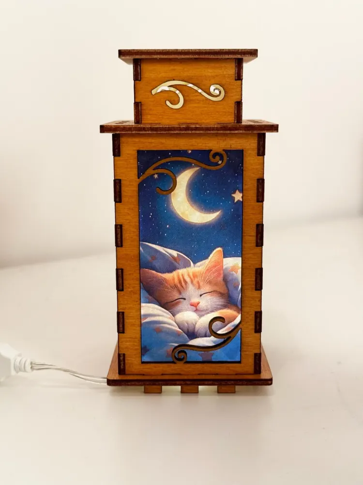 Sleeping Cat Crescent Moon Night Lamp Lantern – Cute Kitten Wooden Light