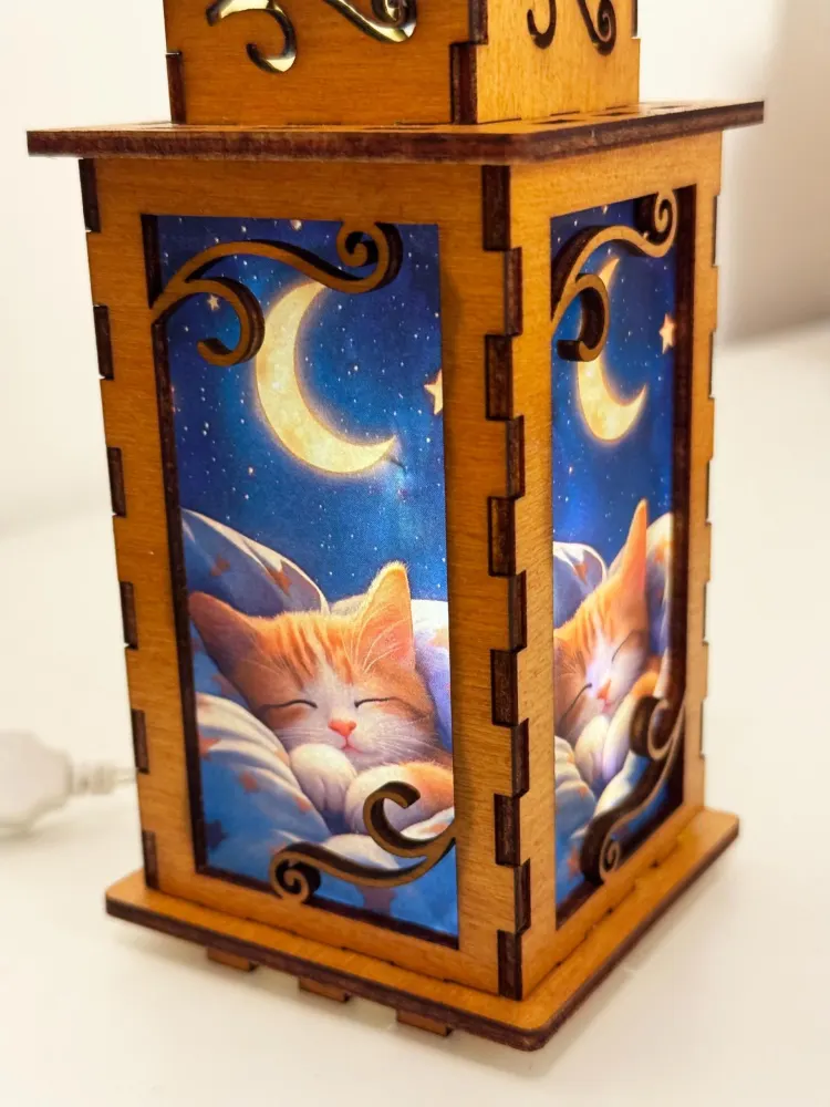 Sleeping Cat Crescent Moon Night Lamp Lantern – Cute Kitten Wooden Light