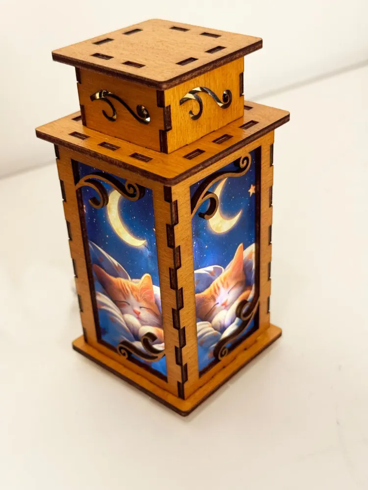 Sleeping Cat Crescent Moon Night Lamp Lantern – Cute Kitten Wooden Light